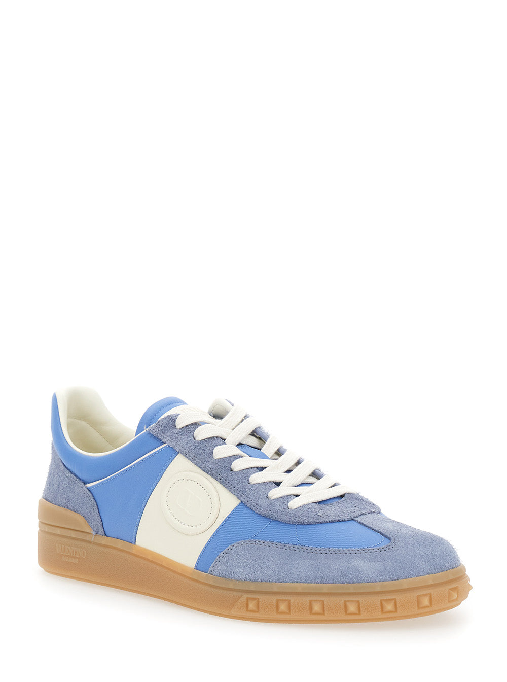 Valentino Garavani Men 'Upvillage' Light Blue Low Top Sneakers With Logo Patch On The Tongue And Rockstud Embellishments On The Sole In Suede Man