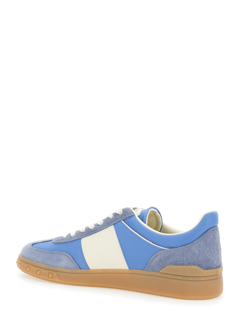 Valentino Garavani Men 'Upvillage' Light Blue Low Top Sneakers With Logo Patch On The Tongue And Rockstud Embellishments On The Sole In Suede Man