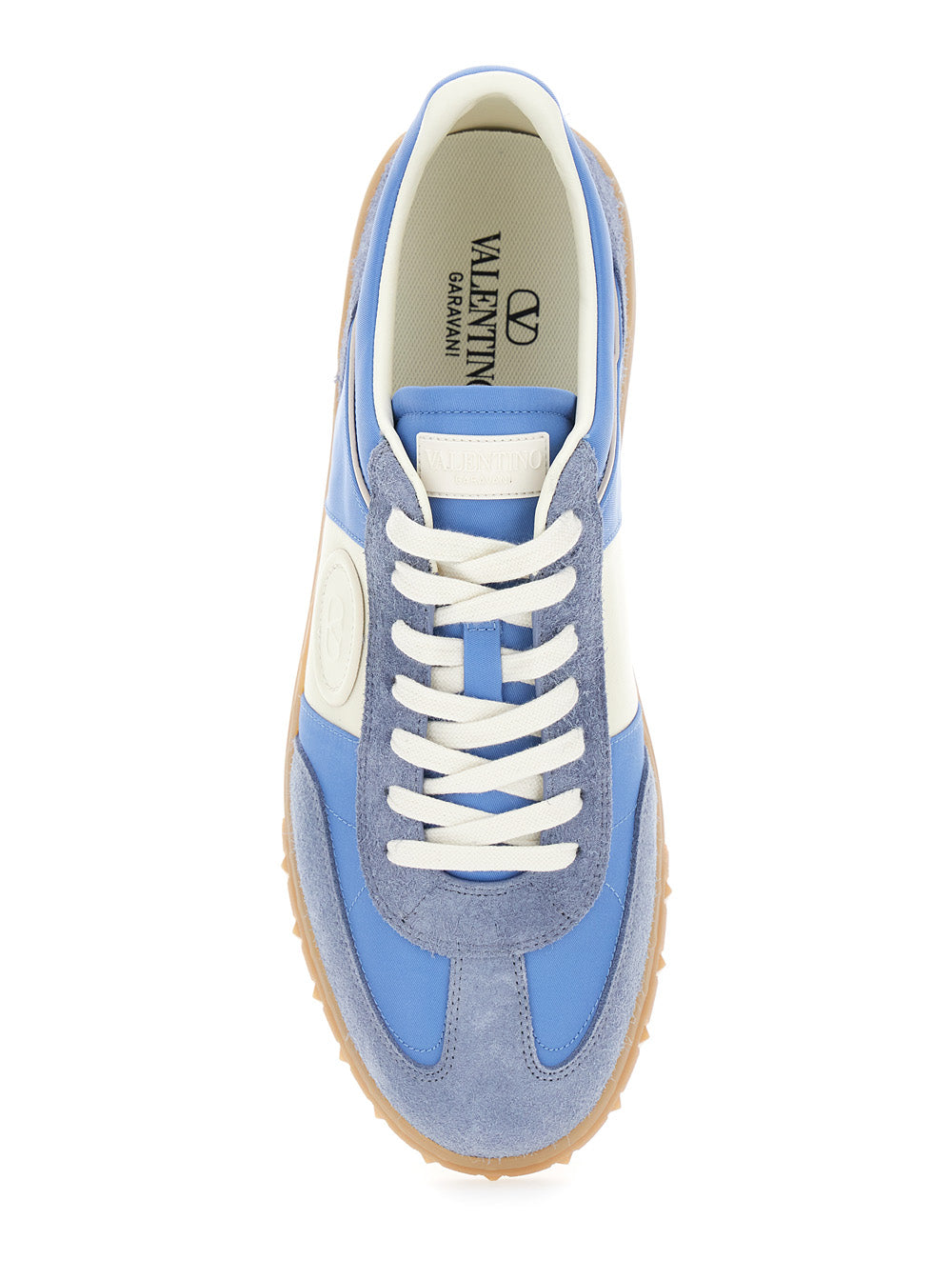 Valentino Garavani Men 'Upvillage' Light Blue Low Top Sneakers With Logo Patch On The Tongue And Rockstud Embellishments On The Sole In Suede Man
