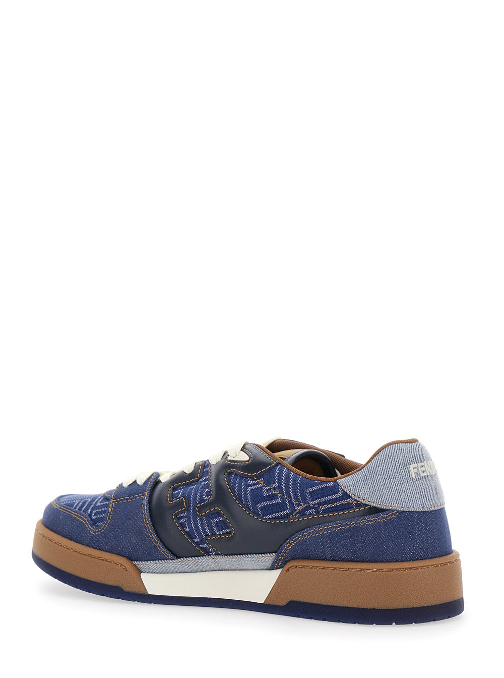 Fendi Men Blue Low Top Sneakers With Logo Patch On The Tongue In Ff Canvas And Leather Man