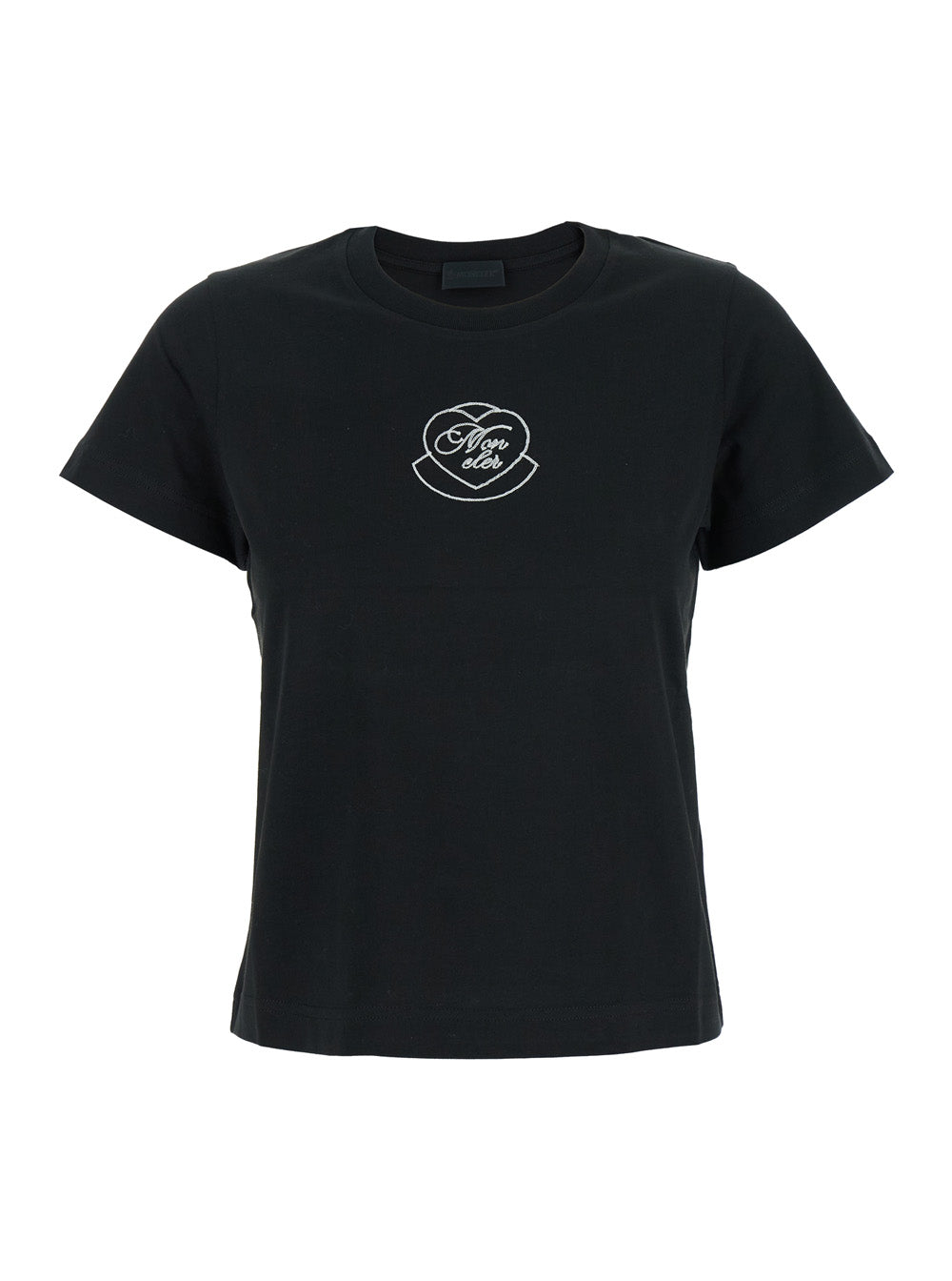 Moncler Women Black Crewneck T-Shirt With Logo On The Front In Cotton Woman