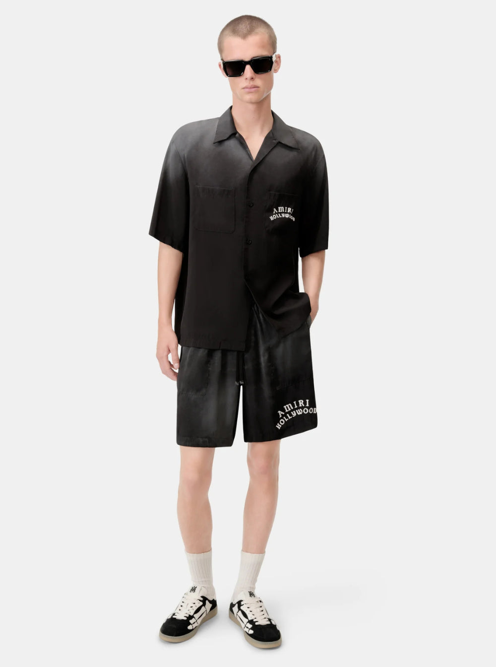 Amiri Men Black Shirt With Cuban Collar And Logo Lettering On Front In Modal Man