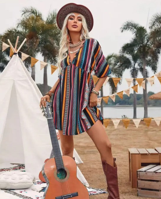 Striped v neck mini dress multi color