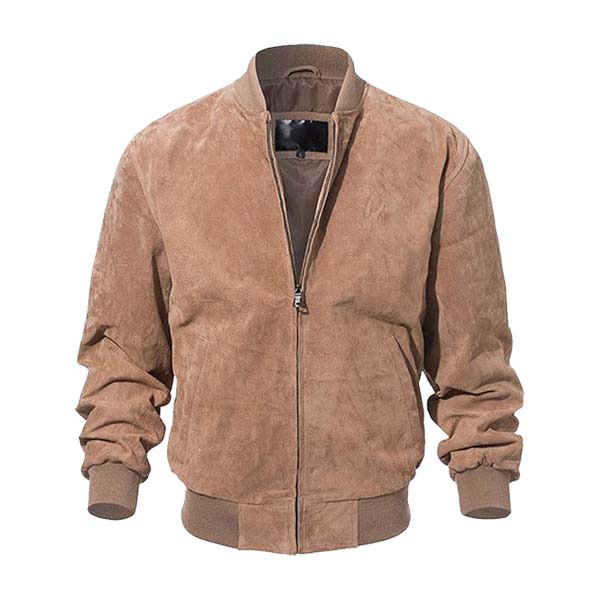 Men’s Classic Suede Leather Bomber Jacket Beige