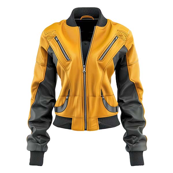 Women's Moto Sporty Genuine Leather Bomber Jacket Yellow