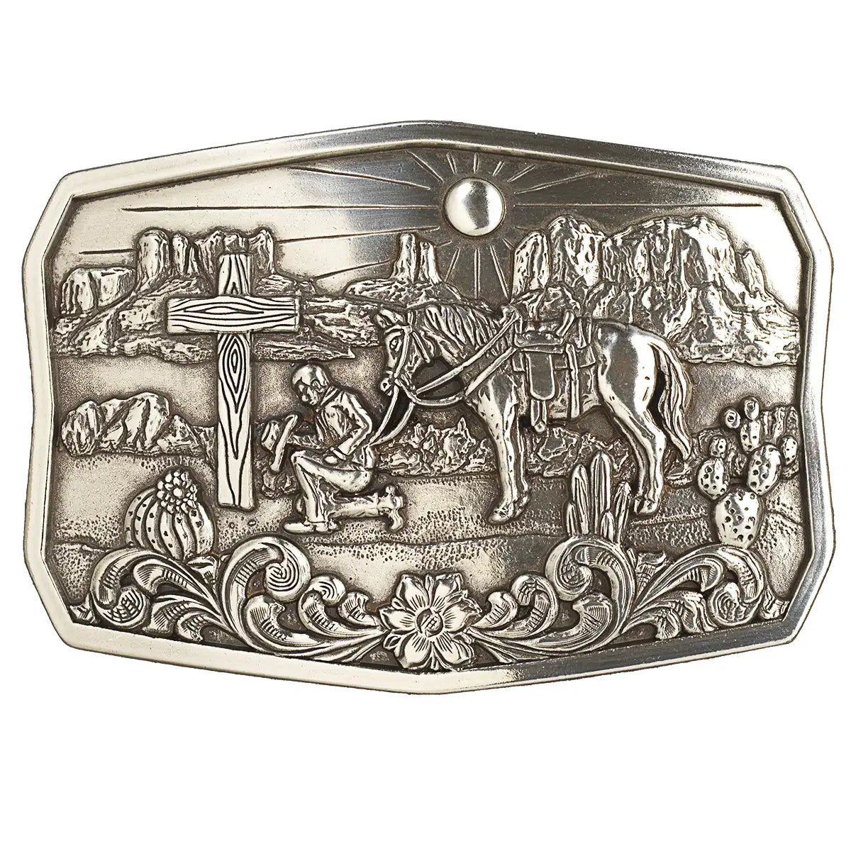 Nocona Praying Cowboy Cactus - Belt Buckle Silver