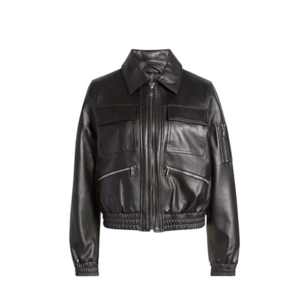 Women's Classic Black Genuine Leather Bomber Jacket Black