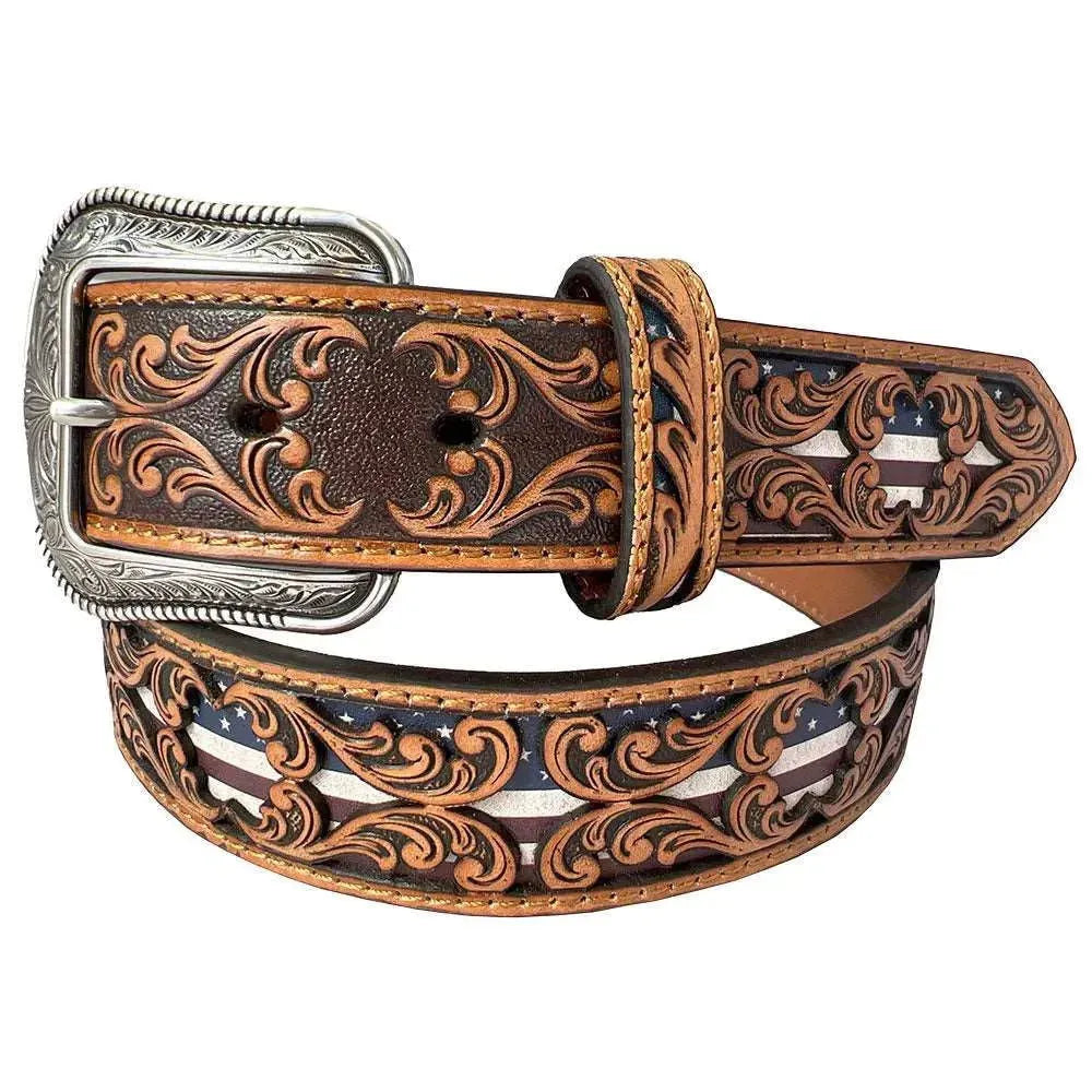 3D Patriotic USA Flag - Mens Leather Belt Brown