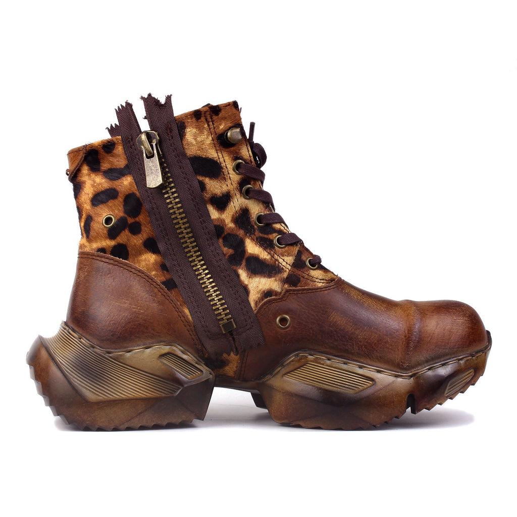 Men's Leather athletic walking Moto Boots OS-5008-S-8-Leopard
