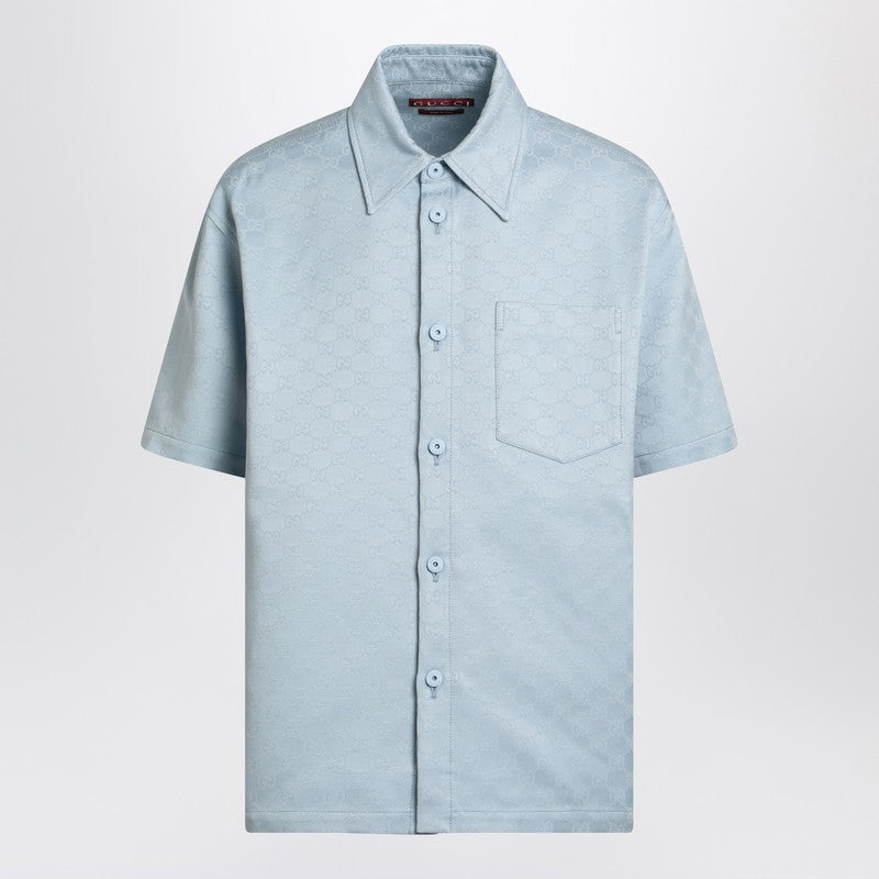 Gucci Light Blue Cotton Shirt With Gg Jacquard Men