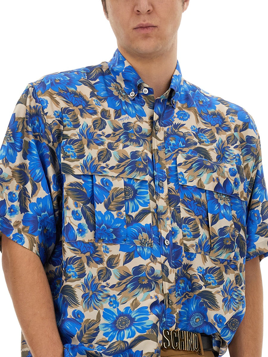 Moschino Men Blue Flowers Allover Print Shirt
