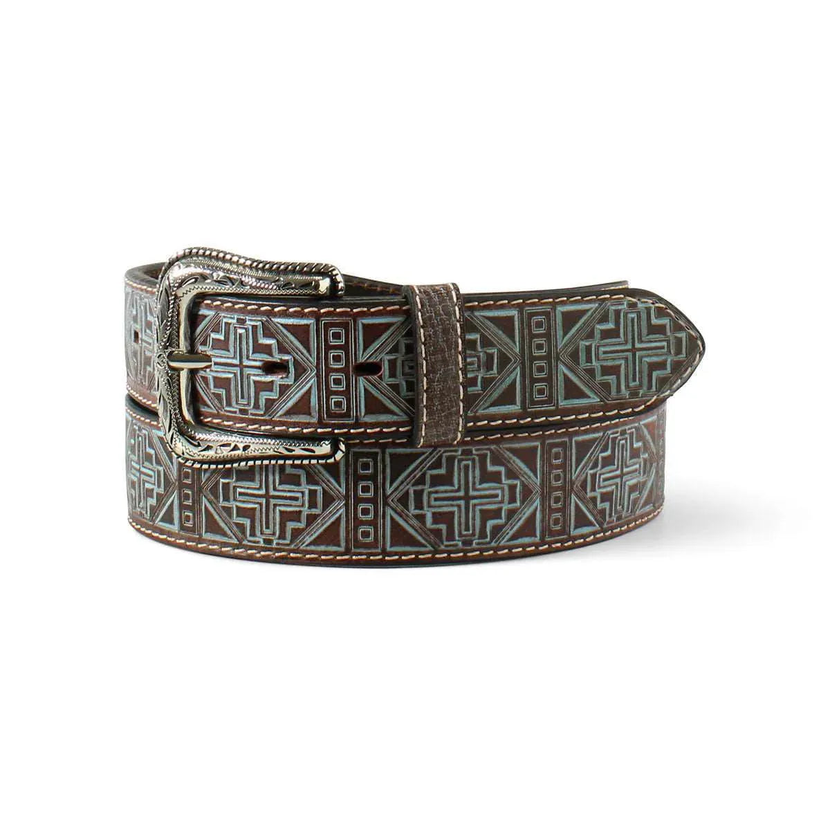 Ariat Blue Tooled Aztec Cross- Womans Leather Belt Brown