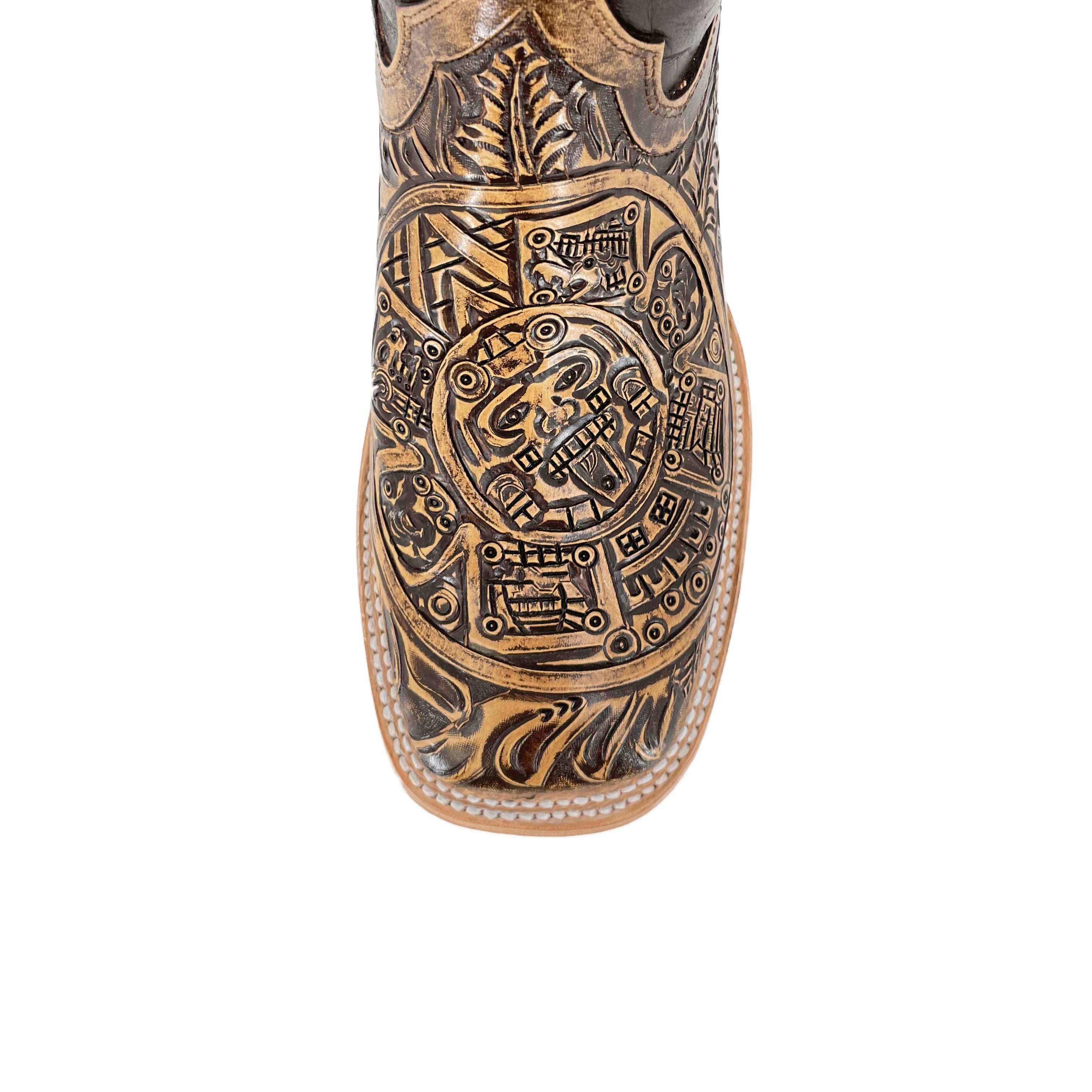 Men's Bulldog Hand Tooled Boots- Aztec Calendar Rustic