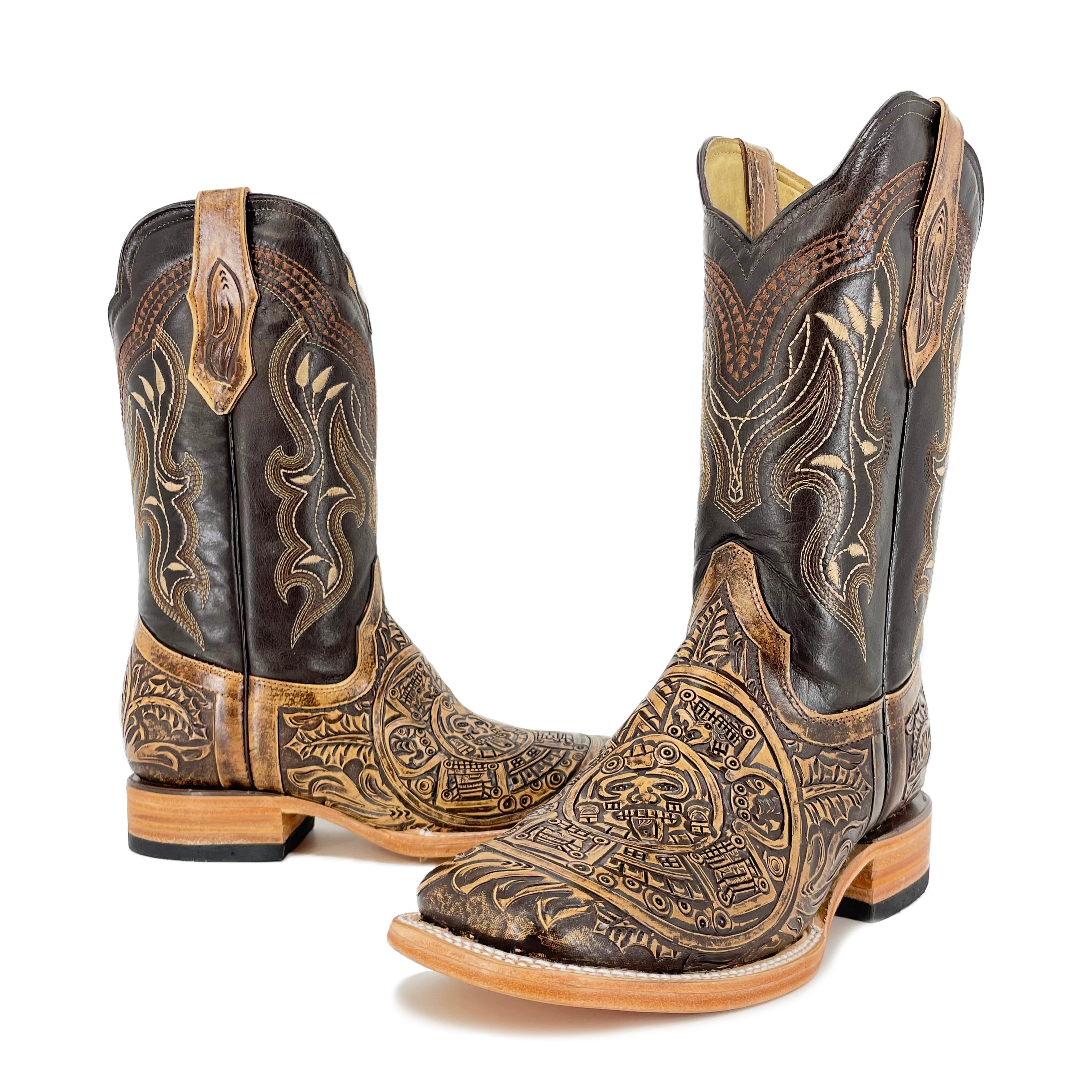Men's Bulldog Hand Tooled Boots- Aztec Calendar Rustic