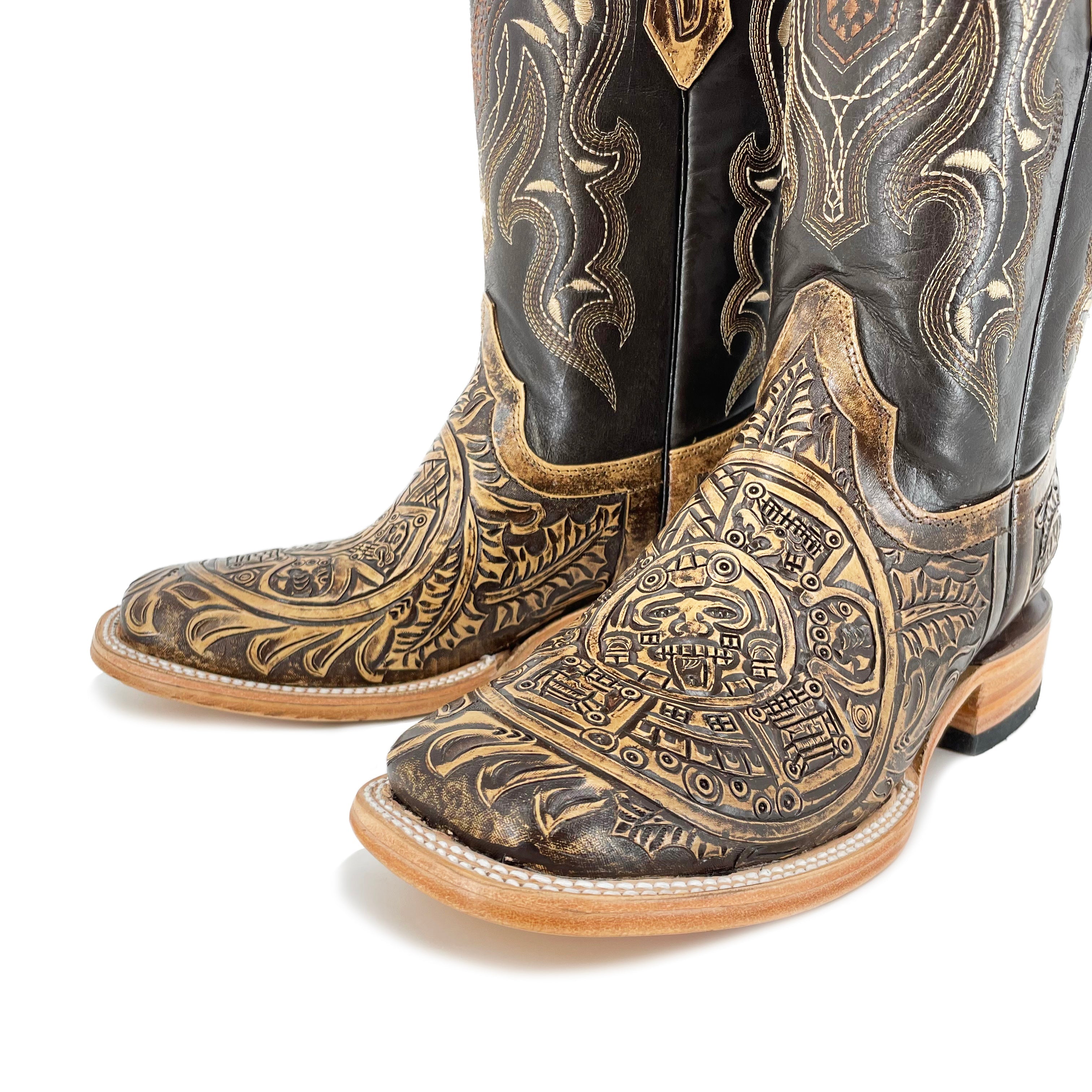 Men's Bulldog Hand Tooled Boots- Aztec Calendar Rustic