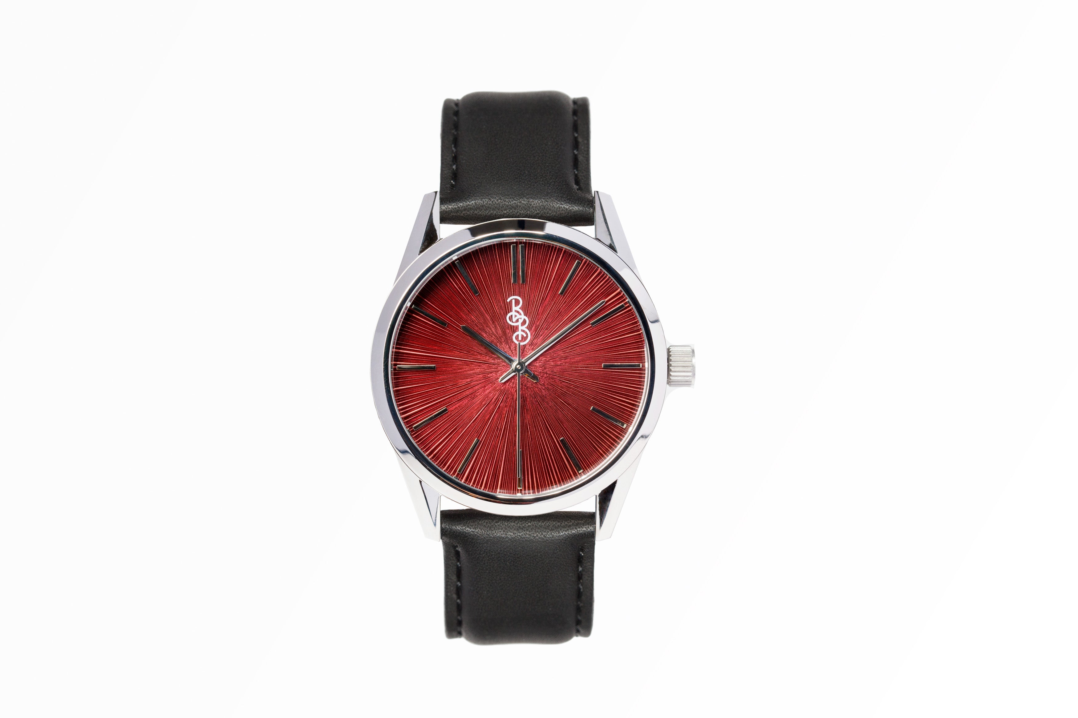 Burgundy Sunburst Watch 39mm Black Leather