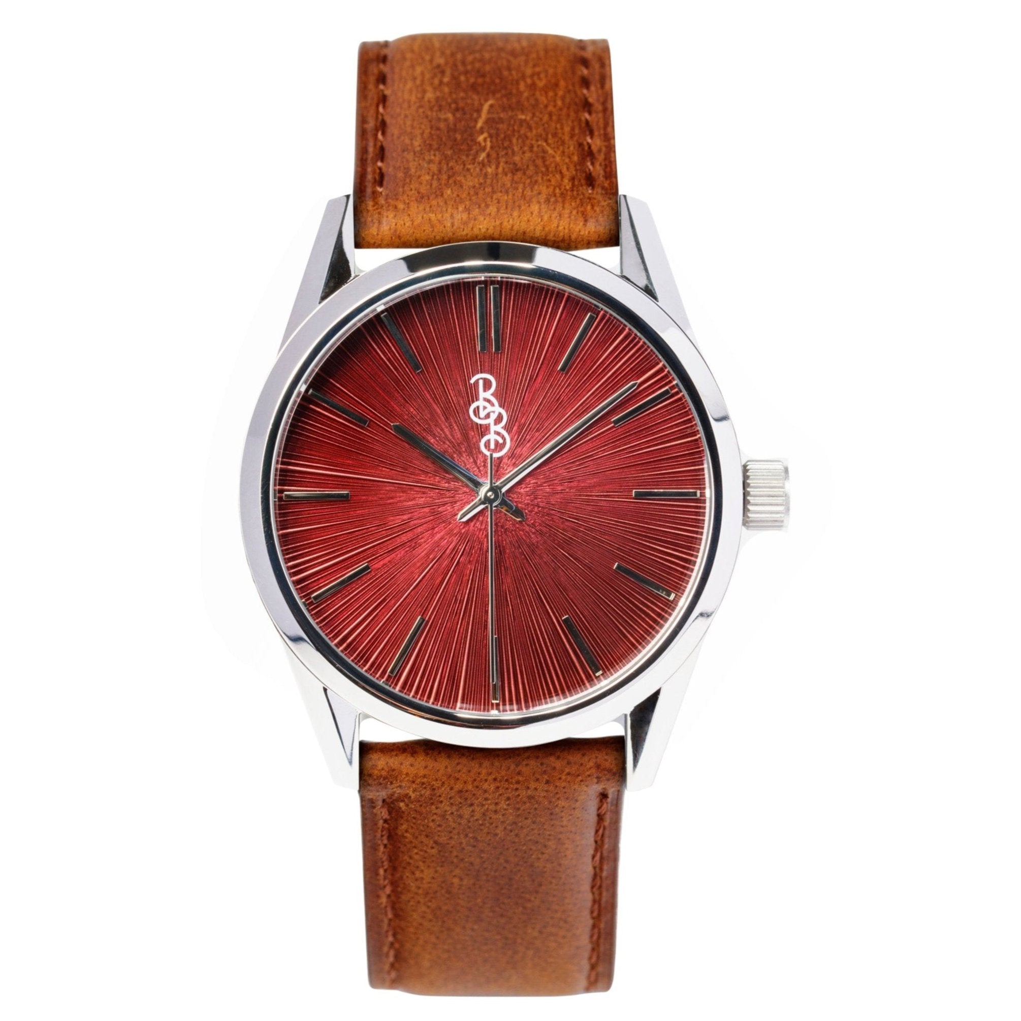 Burgundy Sunburst Watch Brown Leather