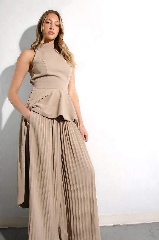 Escape to Milan Taupe Pleated Pants Set
