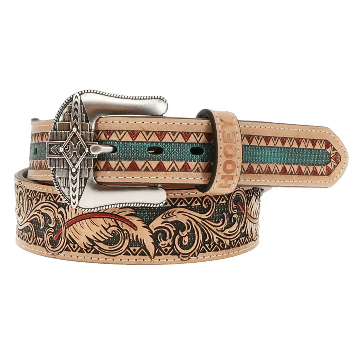 HOOey War Paint (Red/Turquoise) - Mens Leather Belt Natural