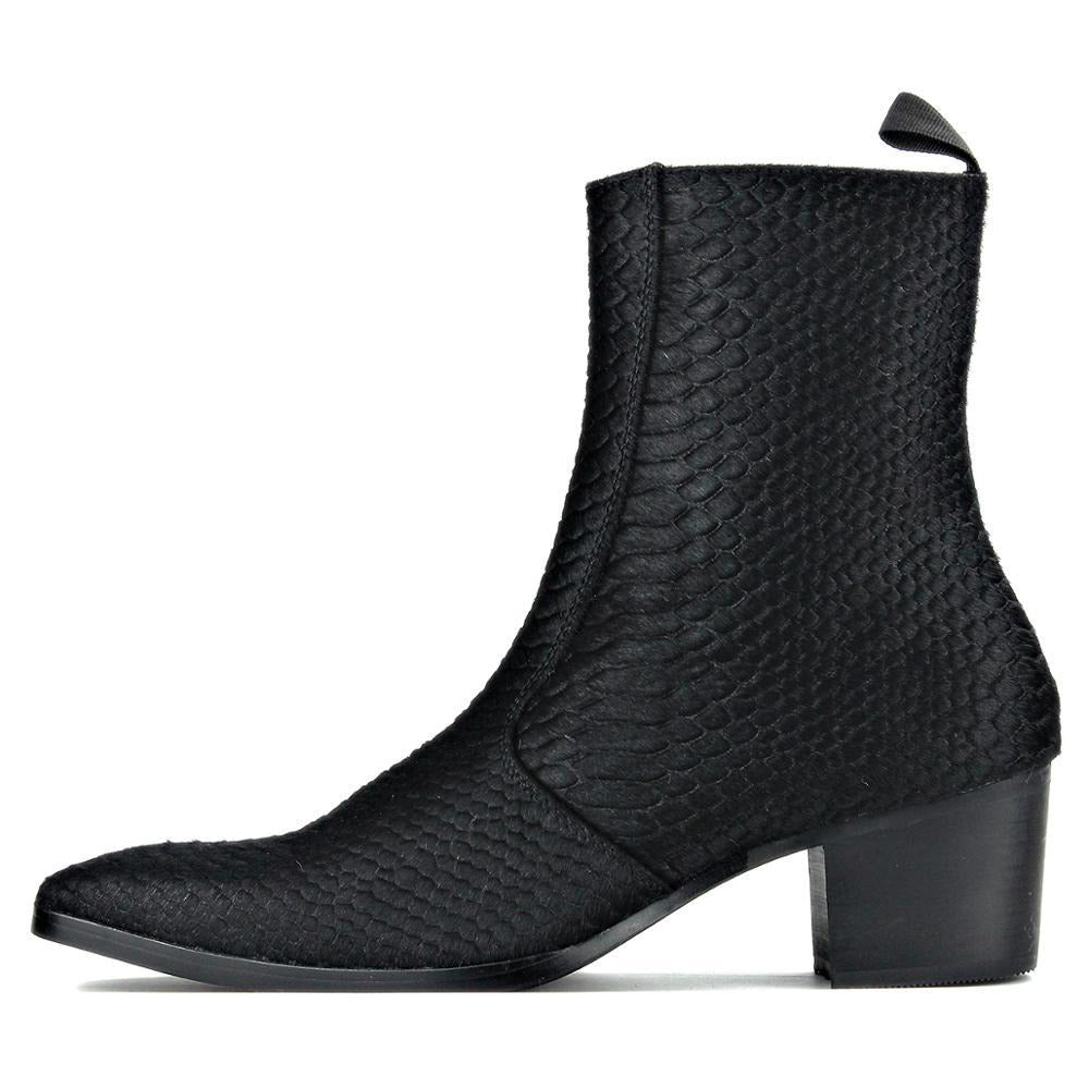 Horse Leather Crocodilian Print Horse Hair Heel Chelsea Boots Black