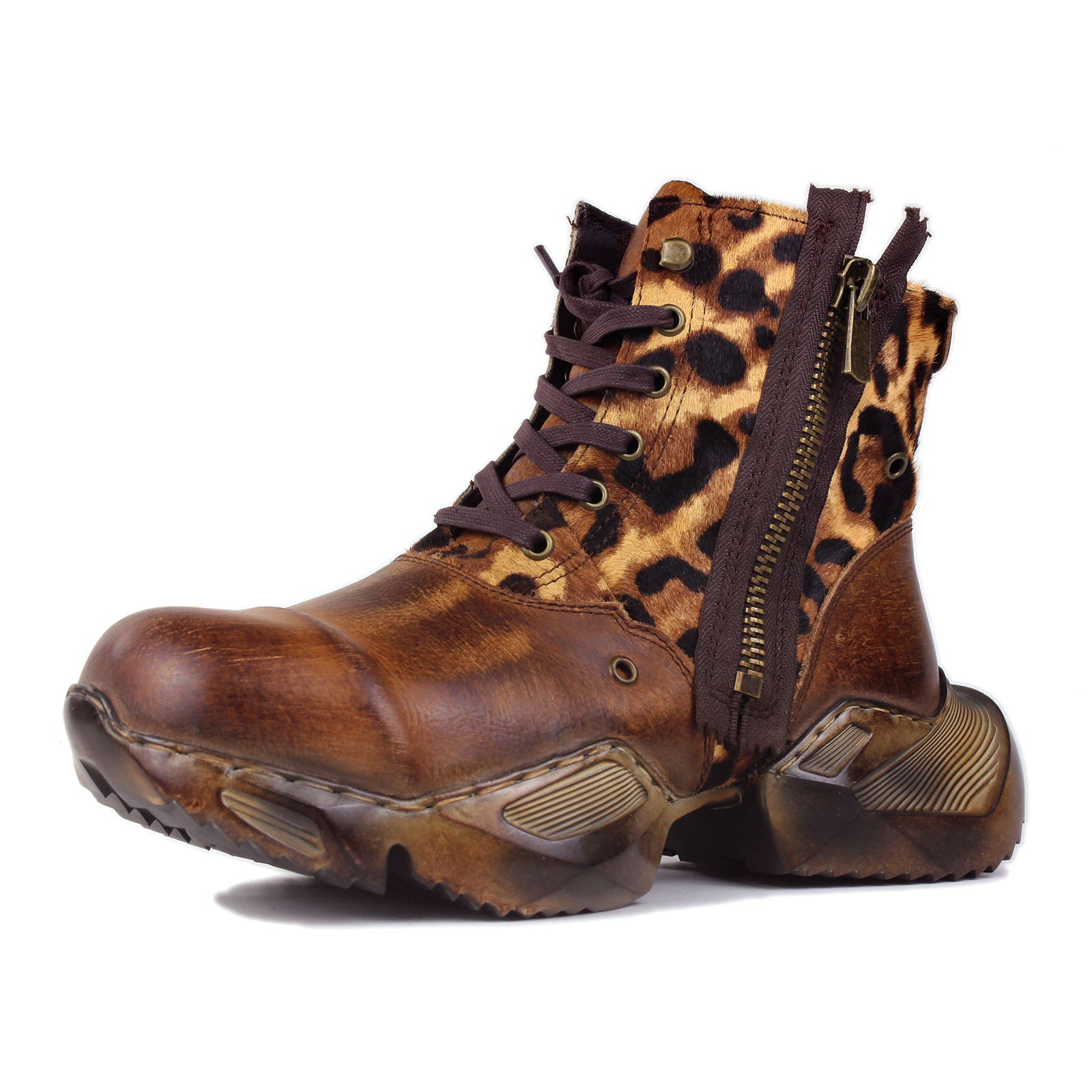 Men's Leather athletic walking Moto Boots OS-5008-S-8-Leopard
