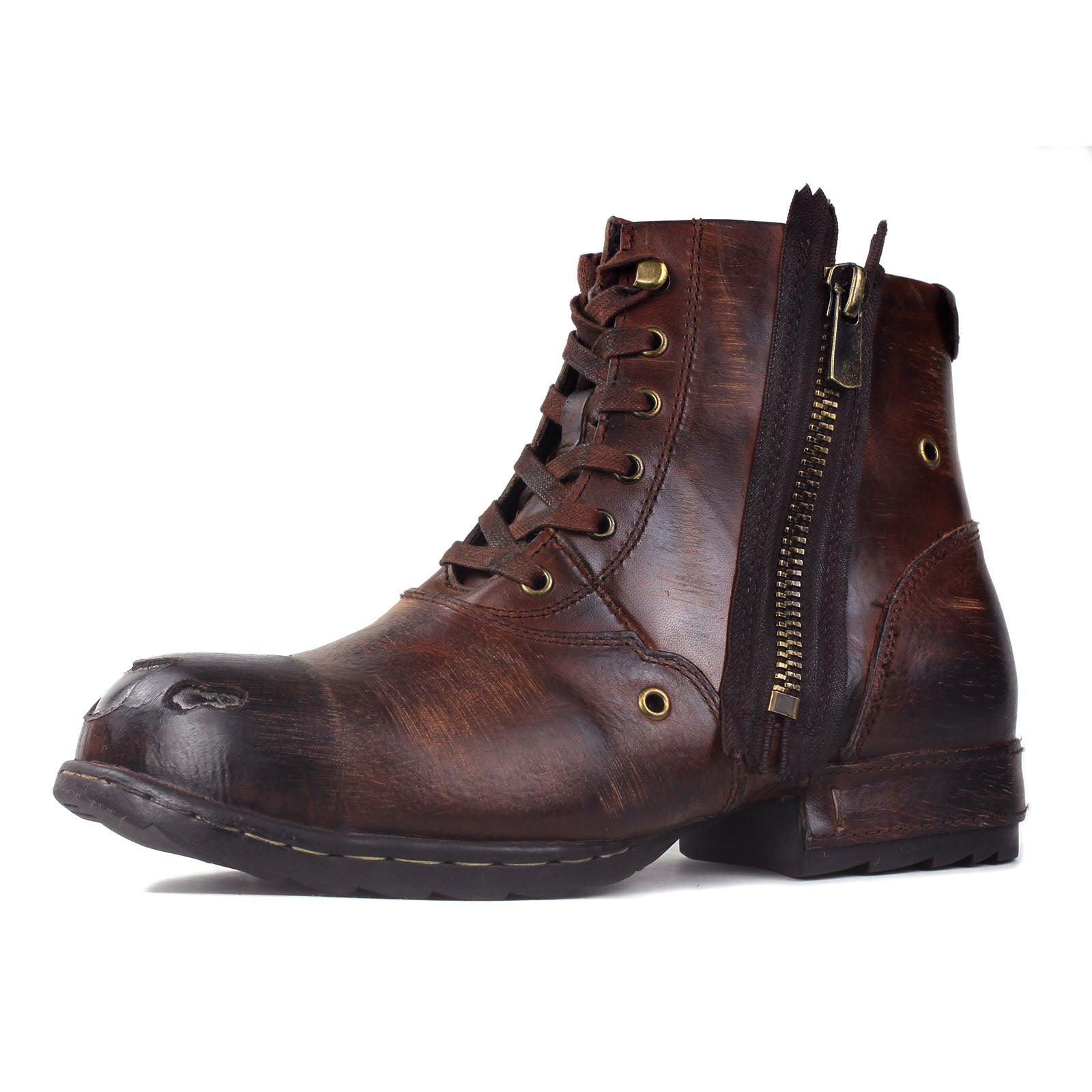 Men's Leather Ankle Moto Boots OS-5008-8-Metal Brown