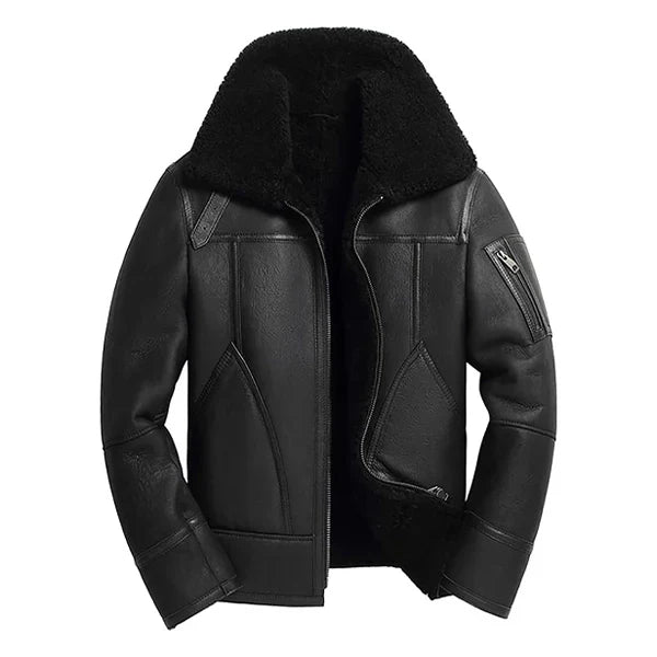 Men’s Stylish Shearling Genuine Leather Jacket Black