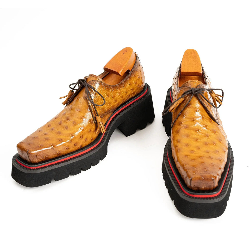 Thick-soled ochre ostrich leather Derby shoes