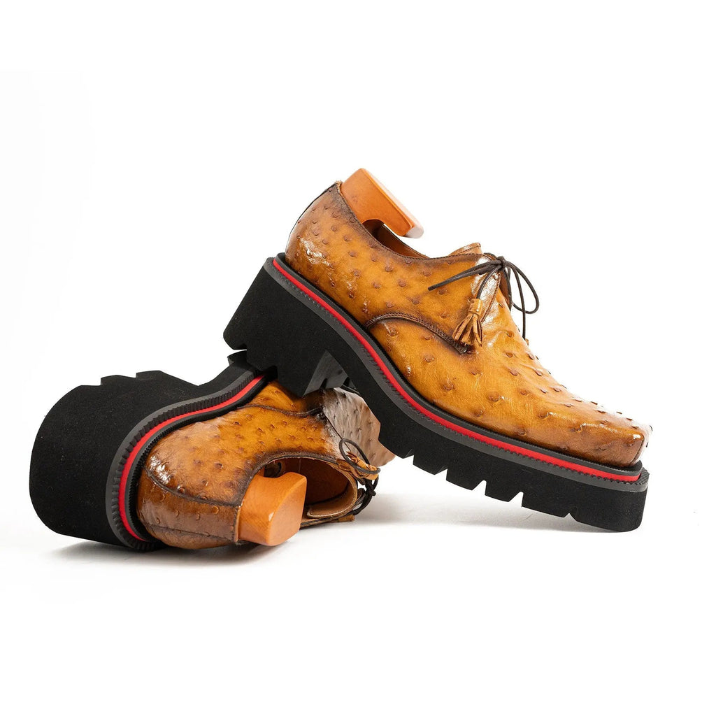 Thick-soled ochre ostrich leather Derby shoes