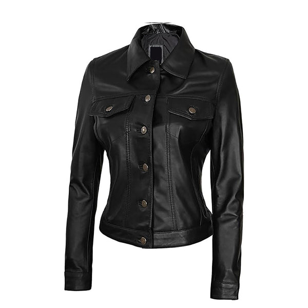 Women's Classic Moto Button Up Genuine Leather Jacket Black