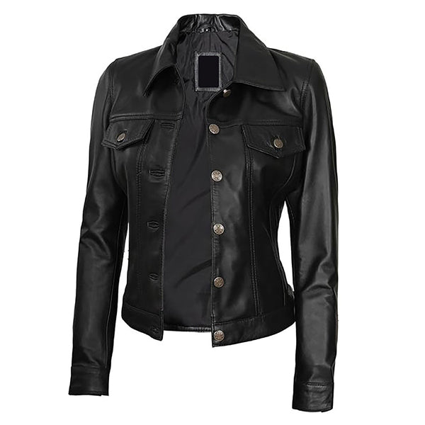 Women's Classic Moto Button Up Genuine Leather Jacket