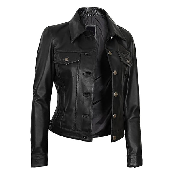 Women's Classic Moto Button Up Genuine Leather Jacket