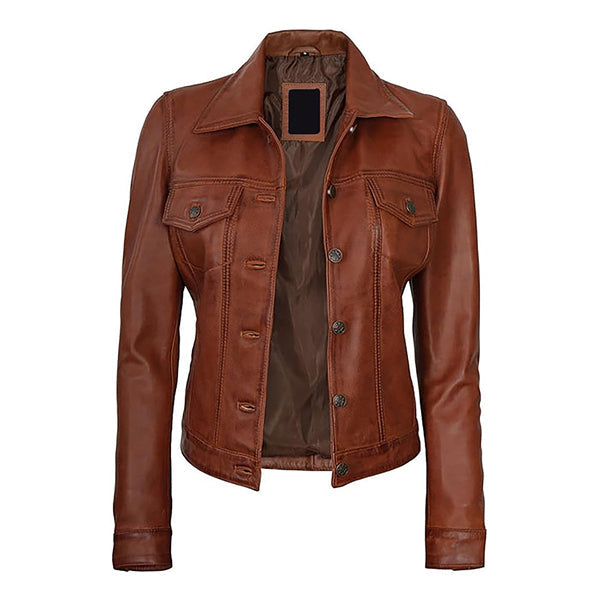 Women's Classic Moto Button Up Genuine Leather Jacket Brown