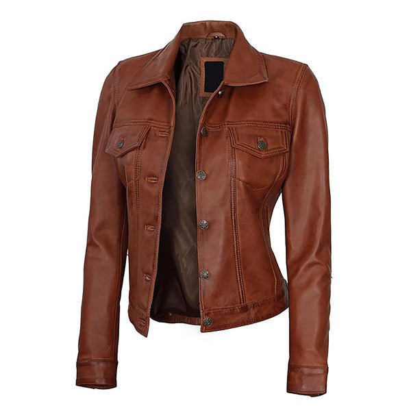 Women's Classic Moto Button Up Genuine Leather Jacket