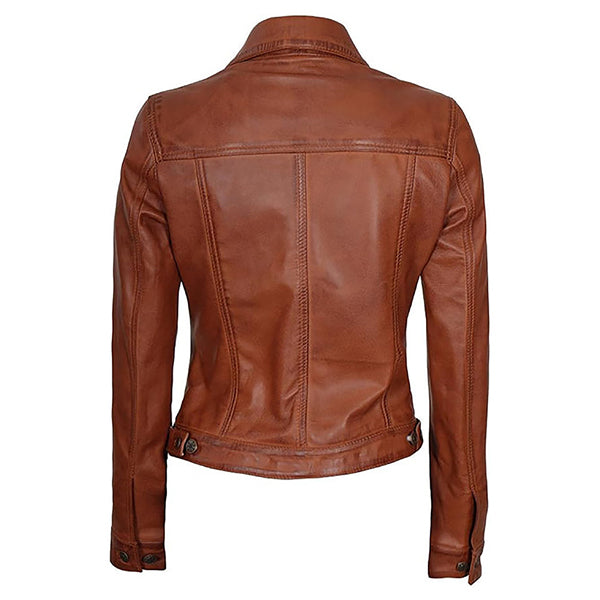 Women's Classic Moto Button Up Genuine Leather Jacket