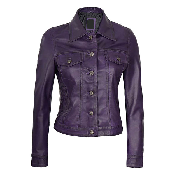 Women's Classic Moto Button Up Genuine Leather Jacket Purple