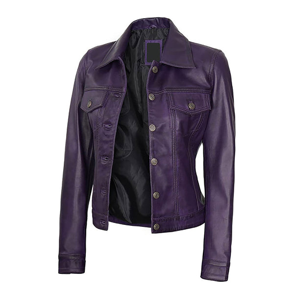 Women's Classic Moto Button Up Genuine Leather Jacket