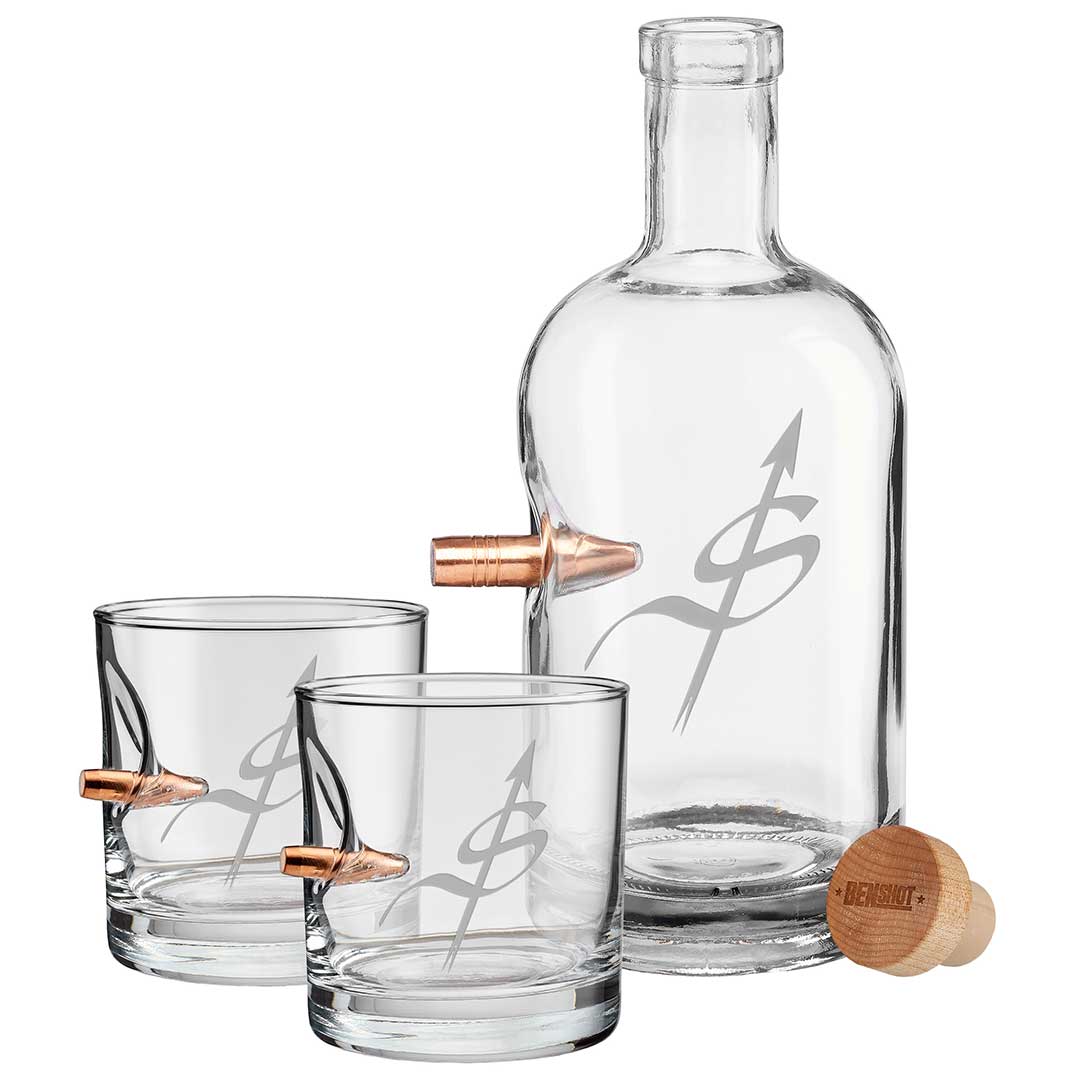 Army Sniper Association Glasses Decanter and Two Rocks Glasses