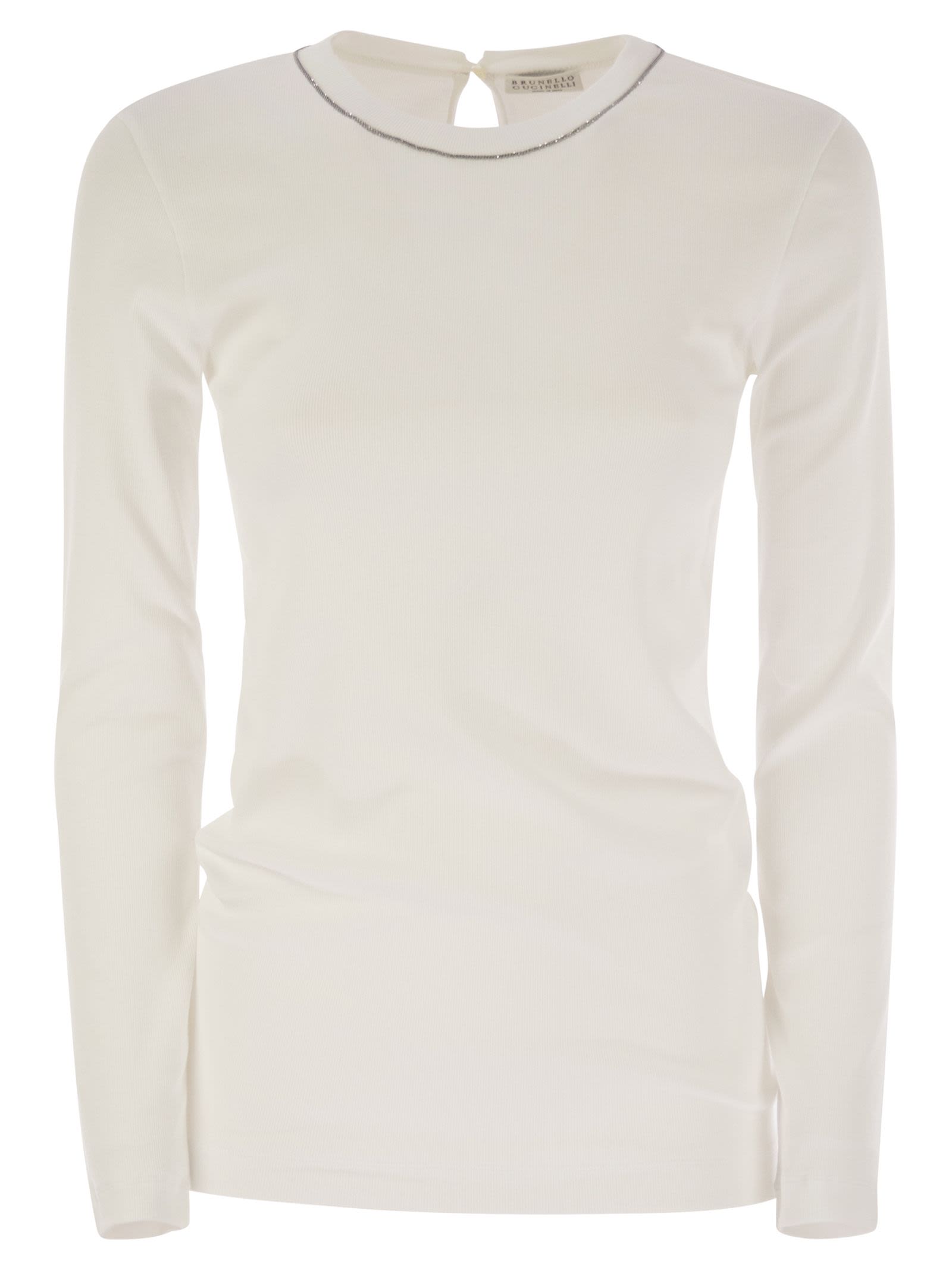 Brunello Cucinelli Women Ribbed Stretch Cotton Jersey T-Shirt With Jewellery