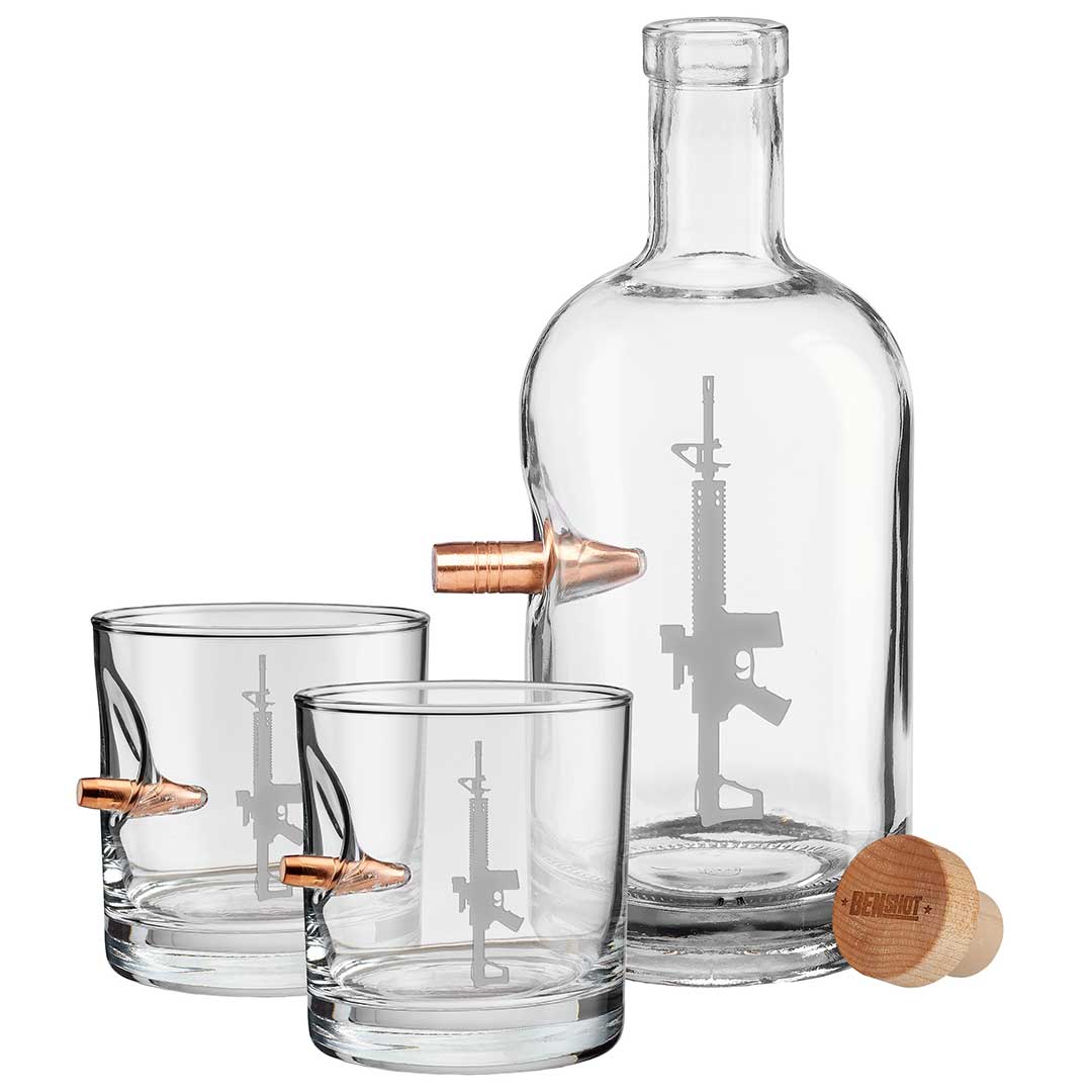 BenShot AR15 Glasses Decanter and Two Rocks Glasses