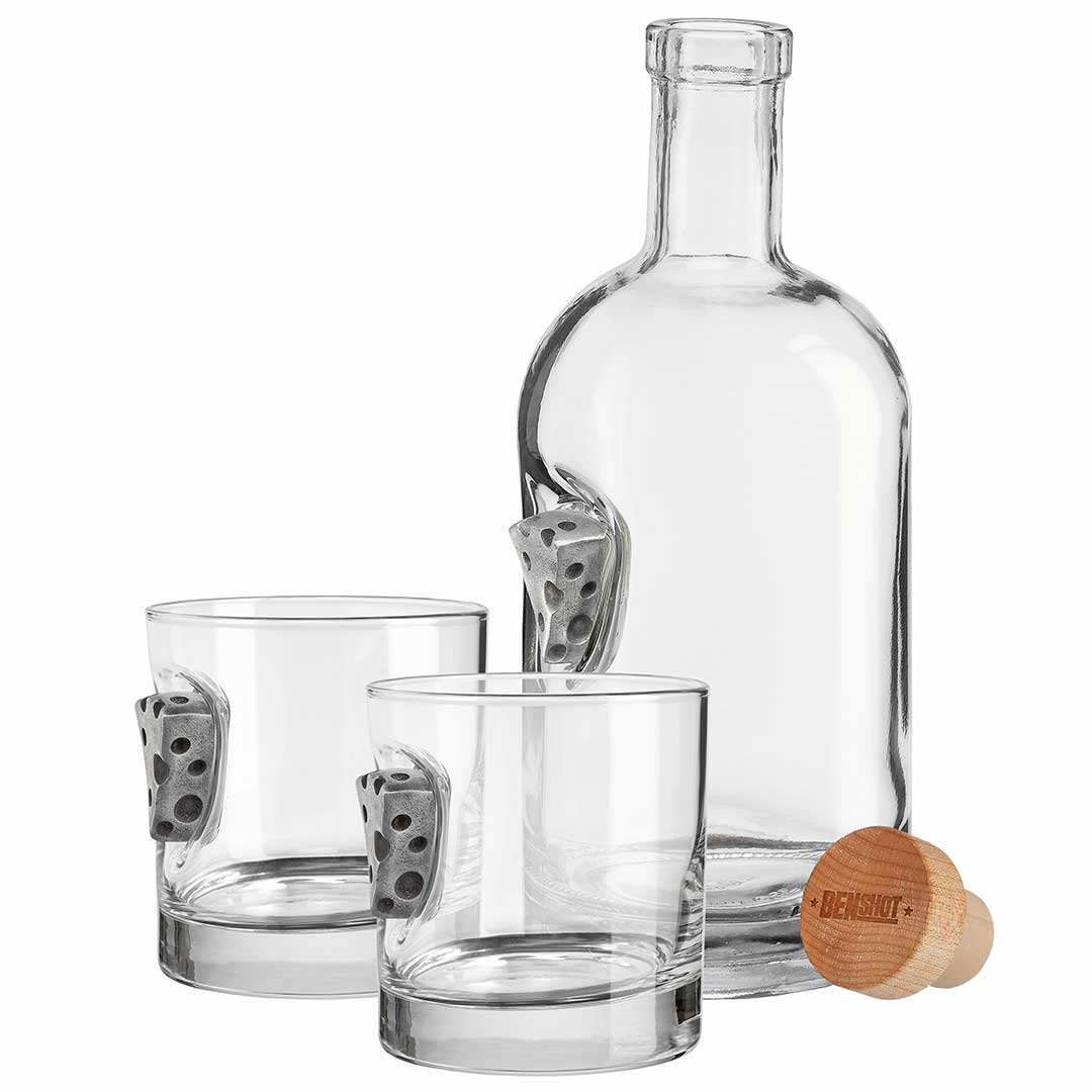 BenShot Cheese Glasses Decanter and Two Rocks Glasses