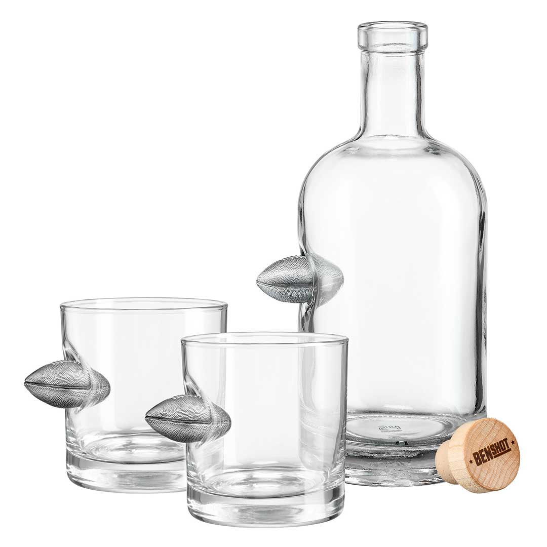 BenShot Football Glasses Decanter and Two Rocks Glasses