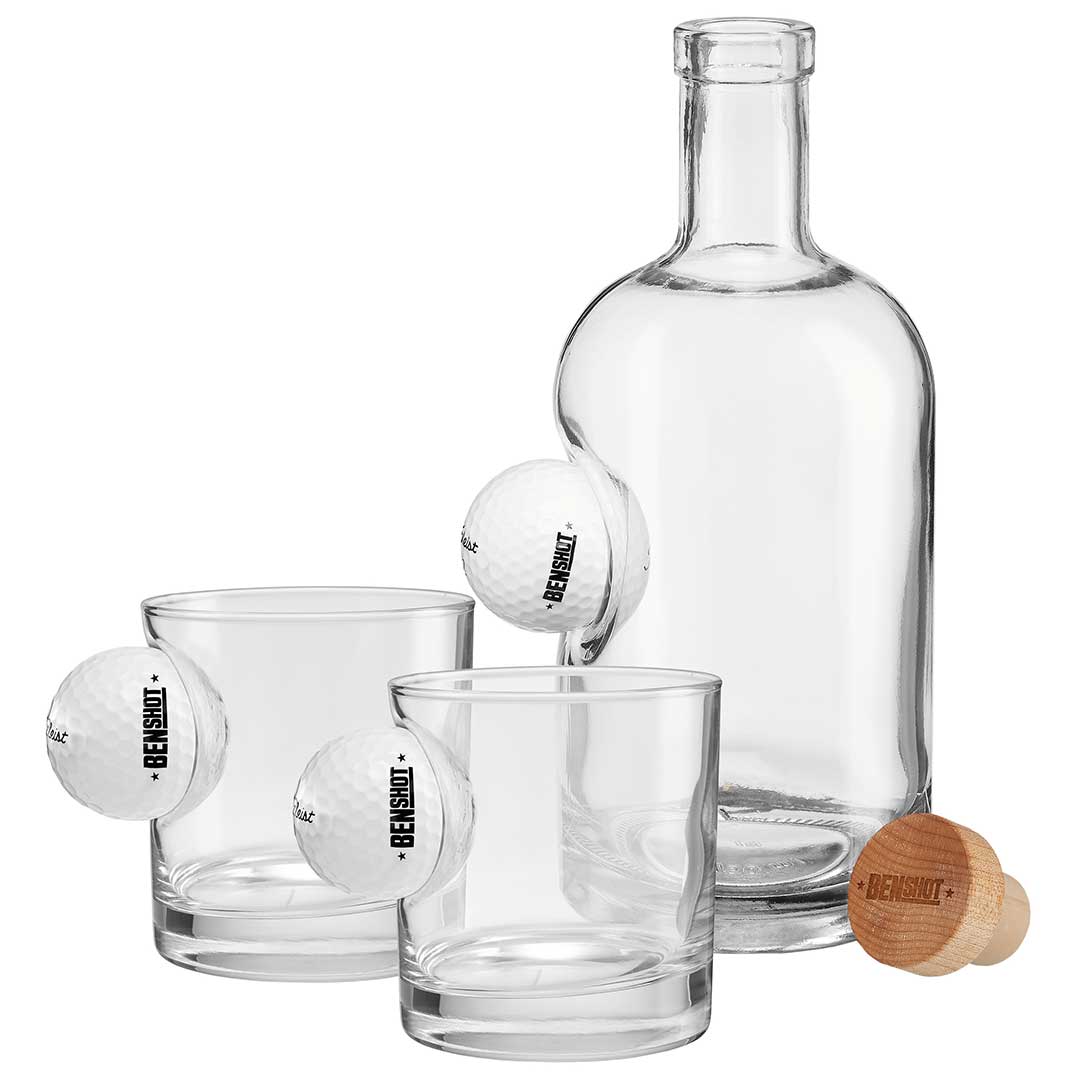 BenShot Golf Ball Glasses Decanter and Two Rocks Glasses