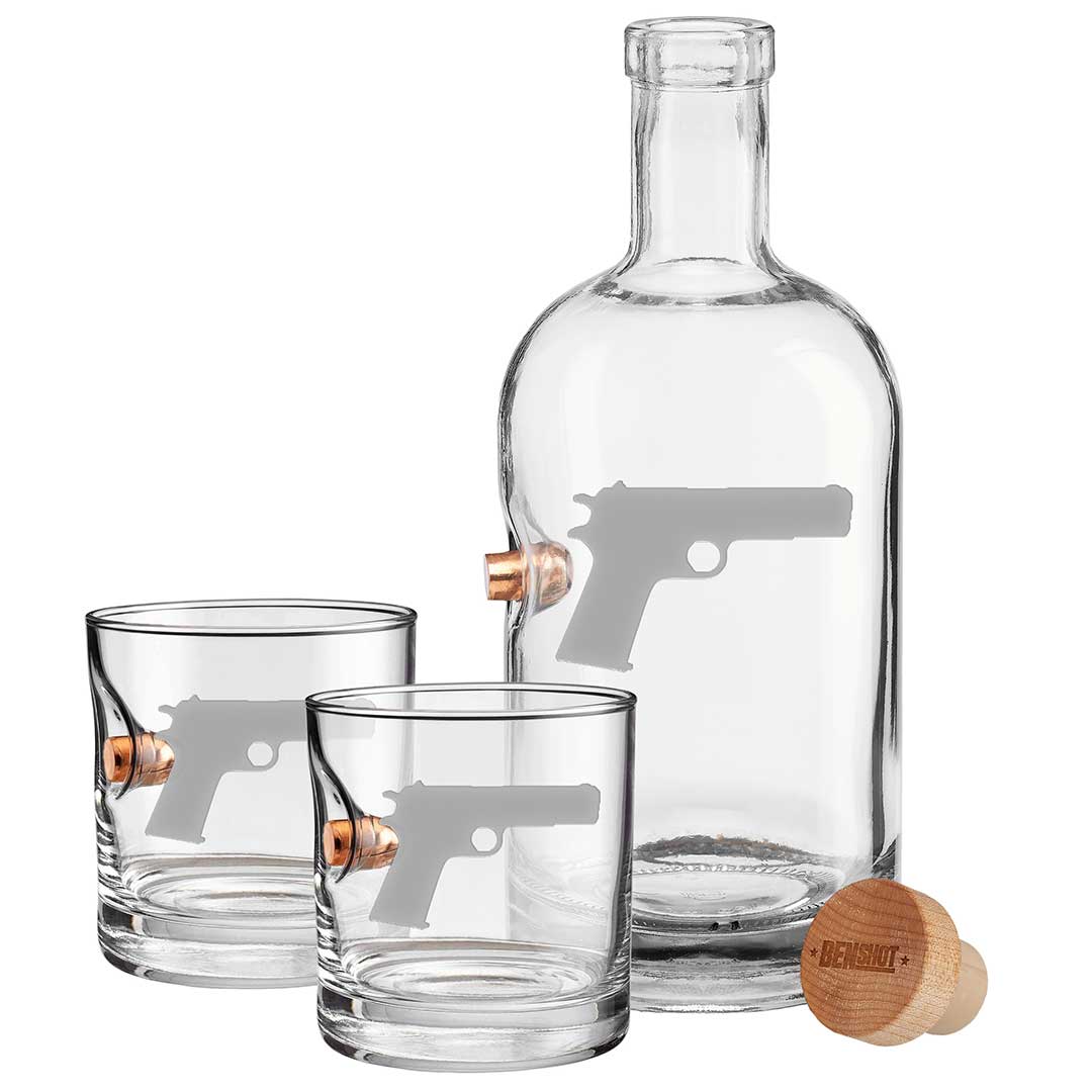 BenShot M1911 Glasses Decanter and Two Rocks Glasses