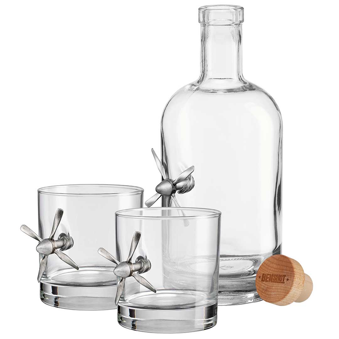 BenShot Propeller Glasses Decanter and Two Rocks Glasses