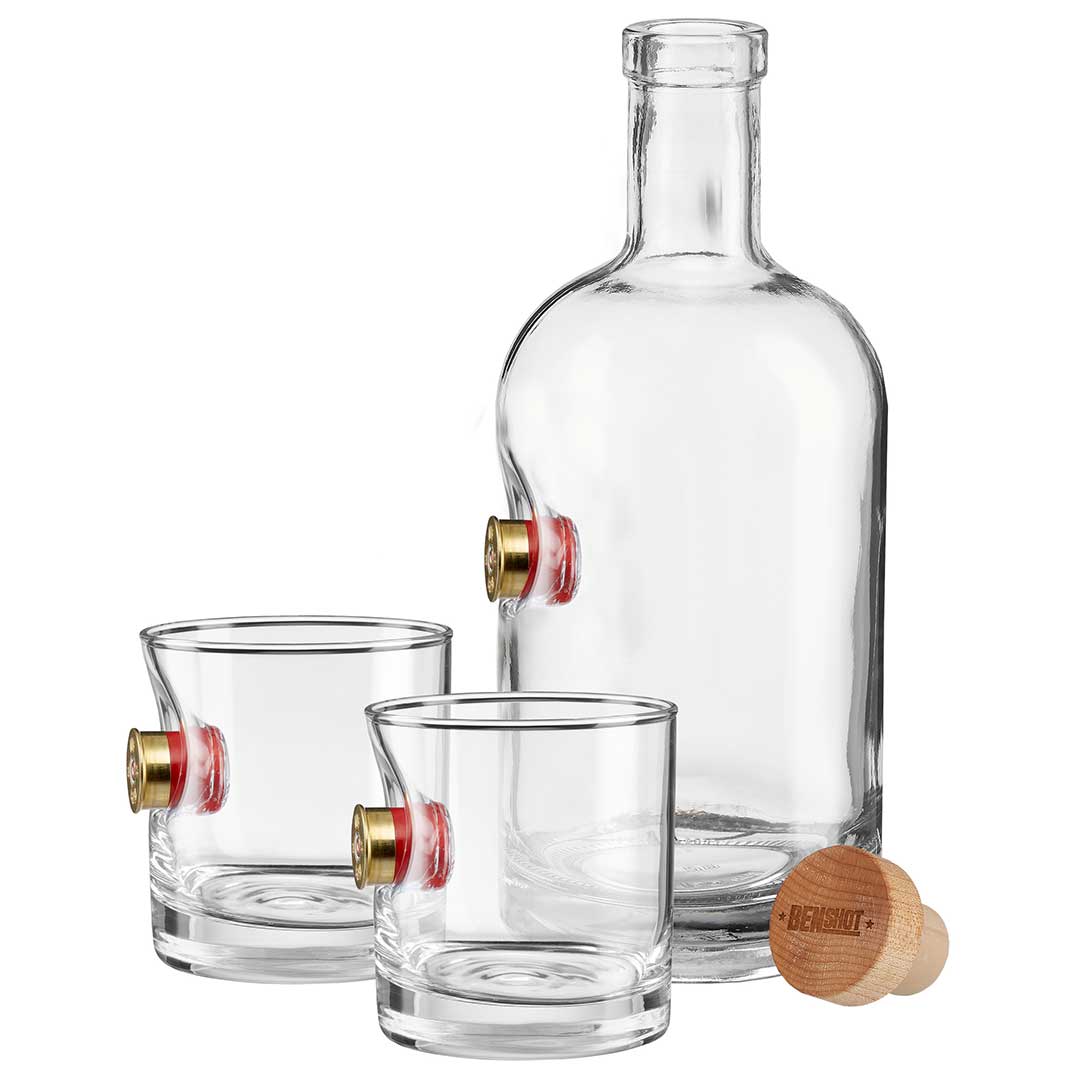 BenShot Shotgun Shell Glasses Decanter and Two Rocks Glasses No Design