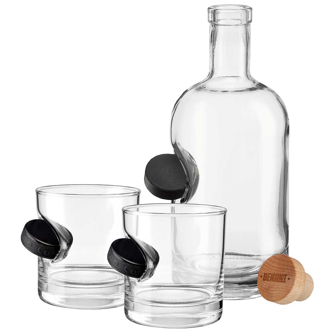 BenShot SlapShot™ Hockey Puck Glasses Decanter and Two Rocks Glasses