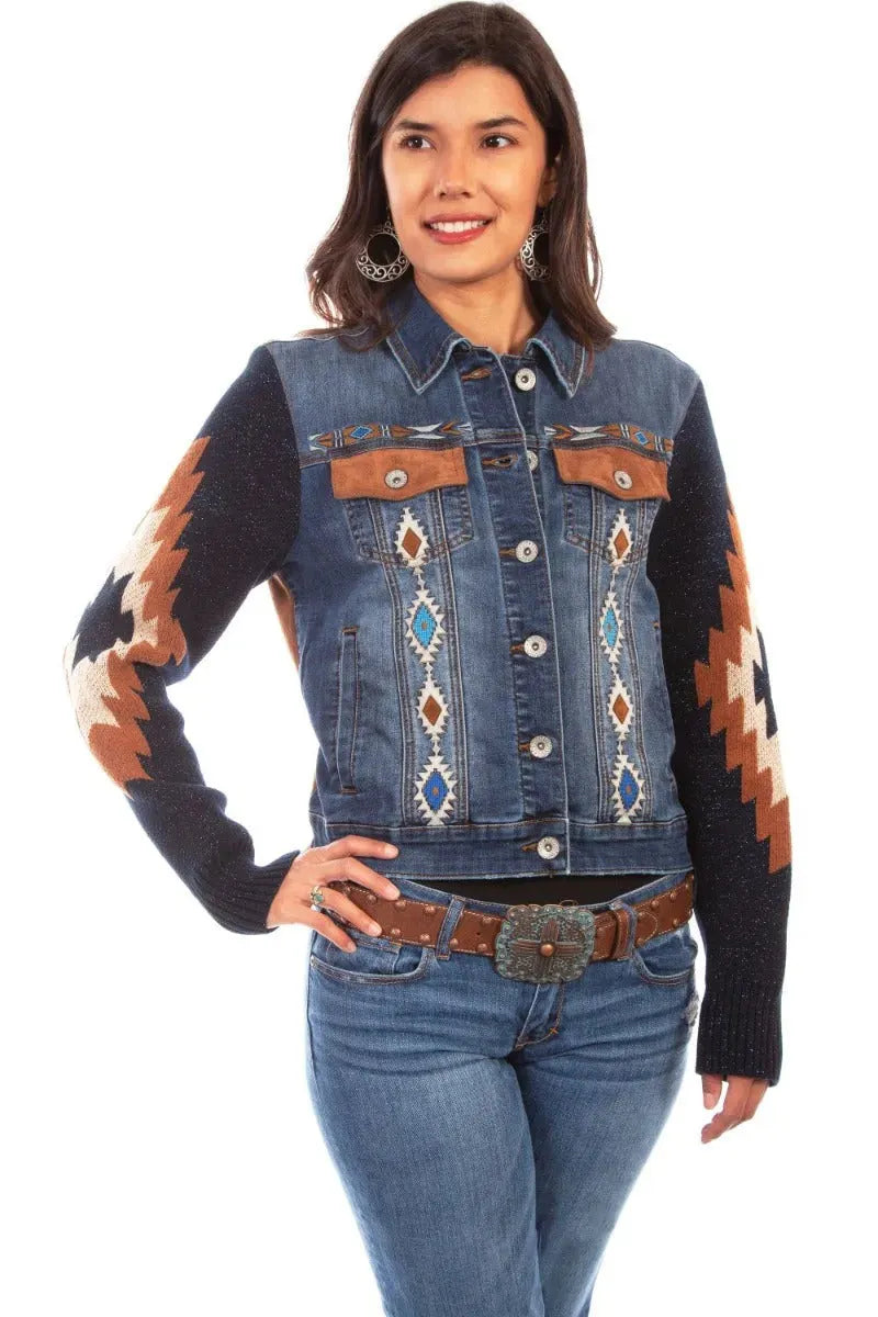 Honey Creek Aztec Embroidery - Womens Sweater Sleeve Denim Jacket Denim