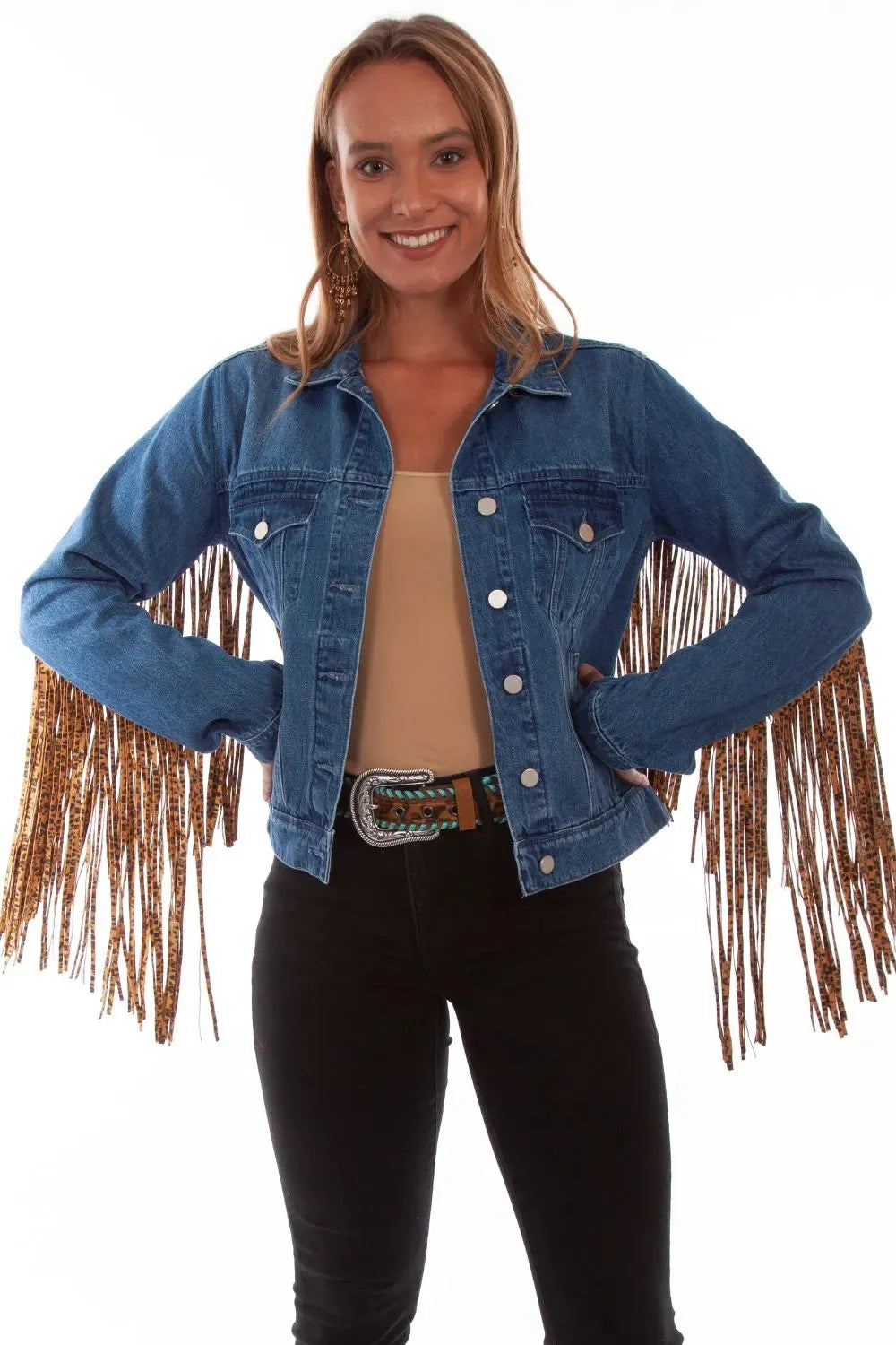 Honey Creek Denim with Leopard Fringe - Womens Jacket Denim