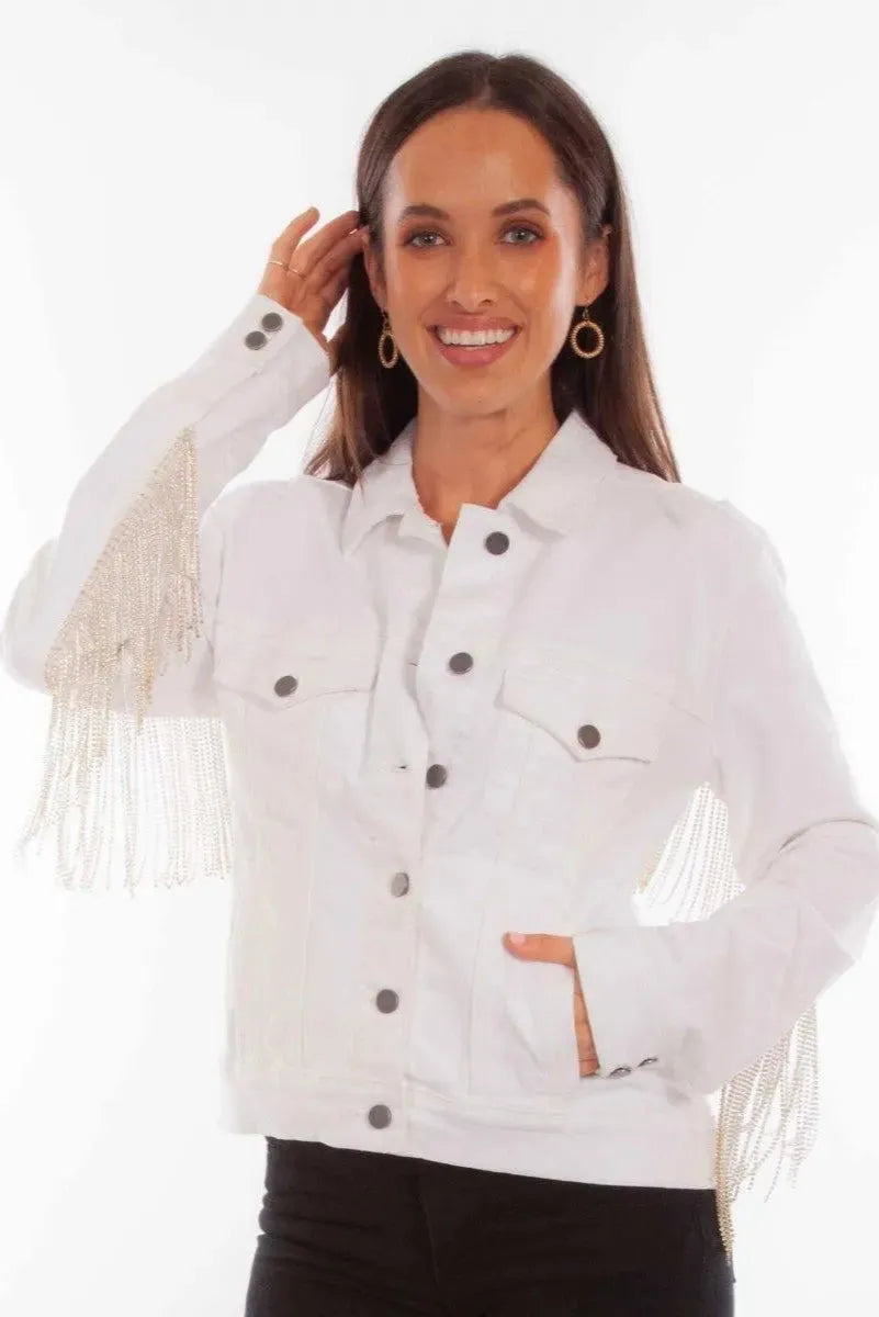Honey Creek Denim with Rhinestone Fringe - Womens Jacket White